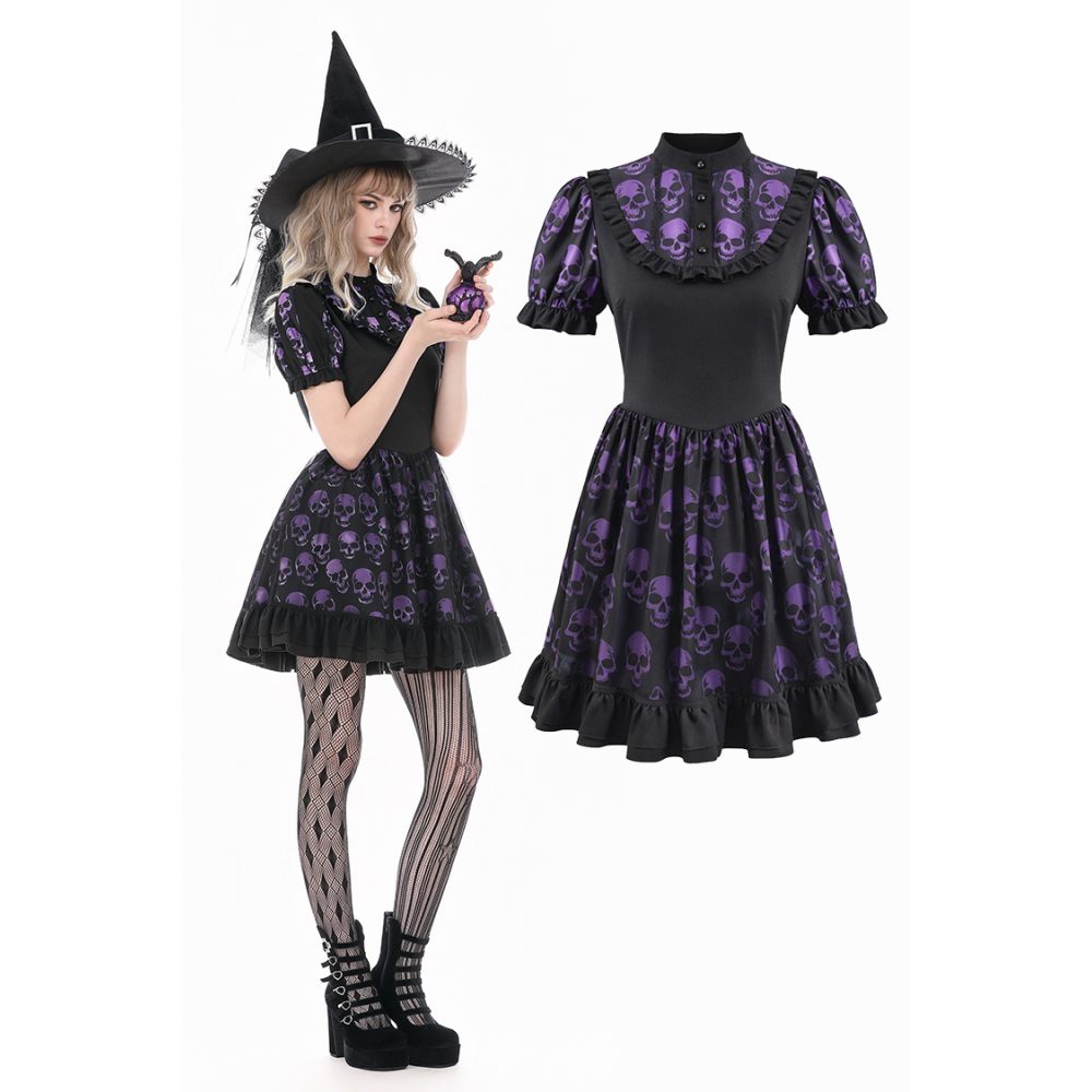 Dark in Love - Purple Skull Whisper Dark Lolita with Skull Print Short dress - Black/Purple
